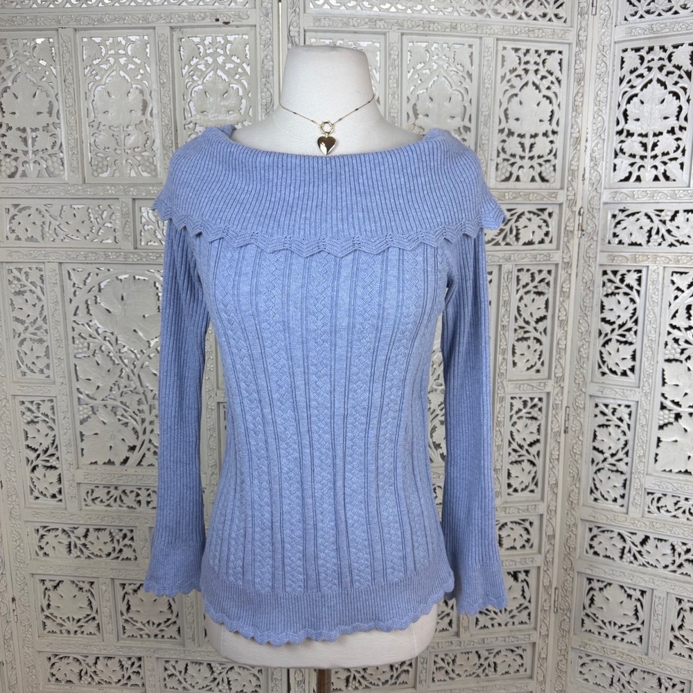 Vtg‎ Cowl Neck Light Blue Scalloped Ribbed Sweater Sz Small Bell Sleeve Cozy